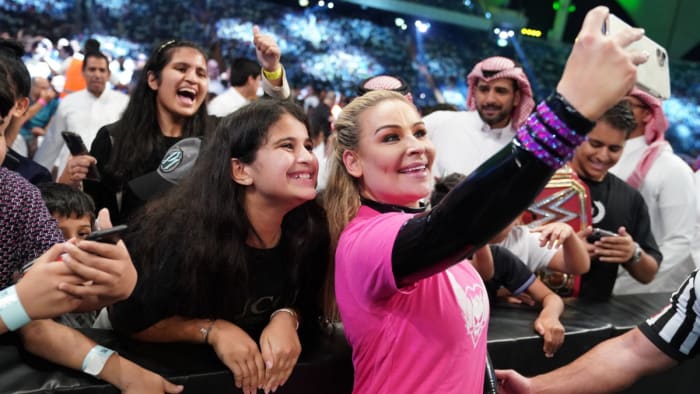 WWE's Natalya takes a selfie with a fan in Saudi Arabia